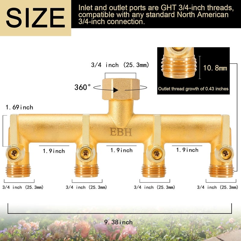 EBH Brass Garden Hose Splitter, 4-Way Heavy Duty Hose Splitter, Outdoor Faucet Manifold, with Extended Metal Handle and Individual On/Off Valve Spout, 3/4” GHT Threads - Image 2